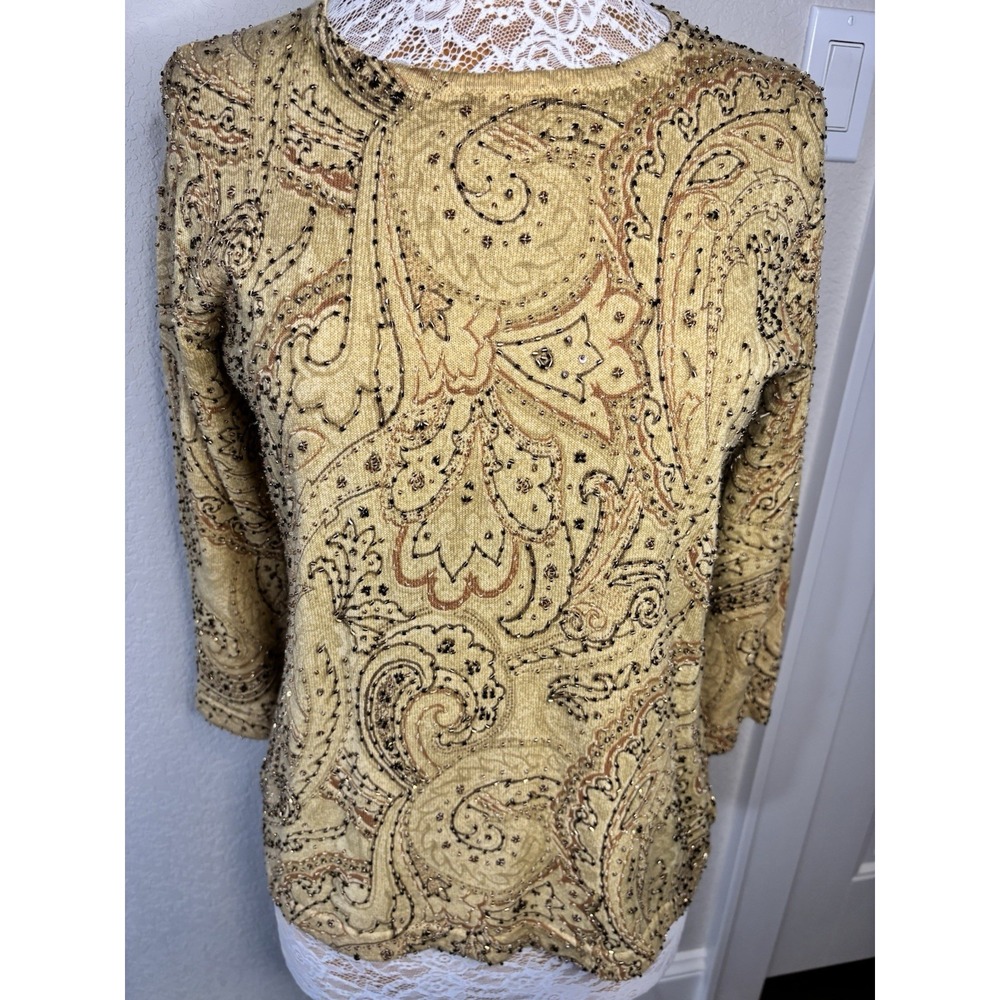 Double D Ranchwear Beaded Paisley Top Linen Blend Antique Gold 3/4 Sleeve S Mint